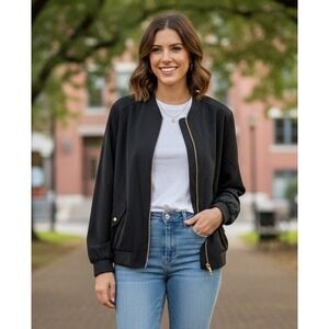 Susan Graver Bomber Jacket Gold Zip Front Women's Large‎ Black Houndstooth Lined